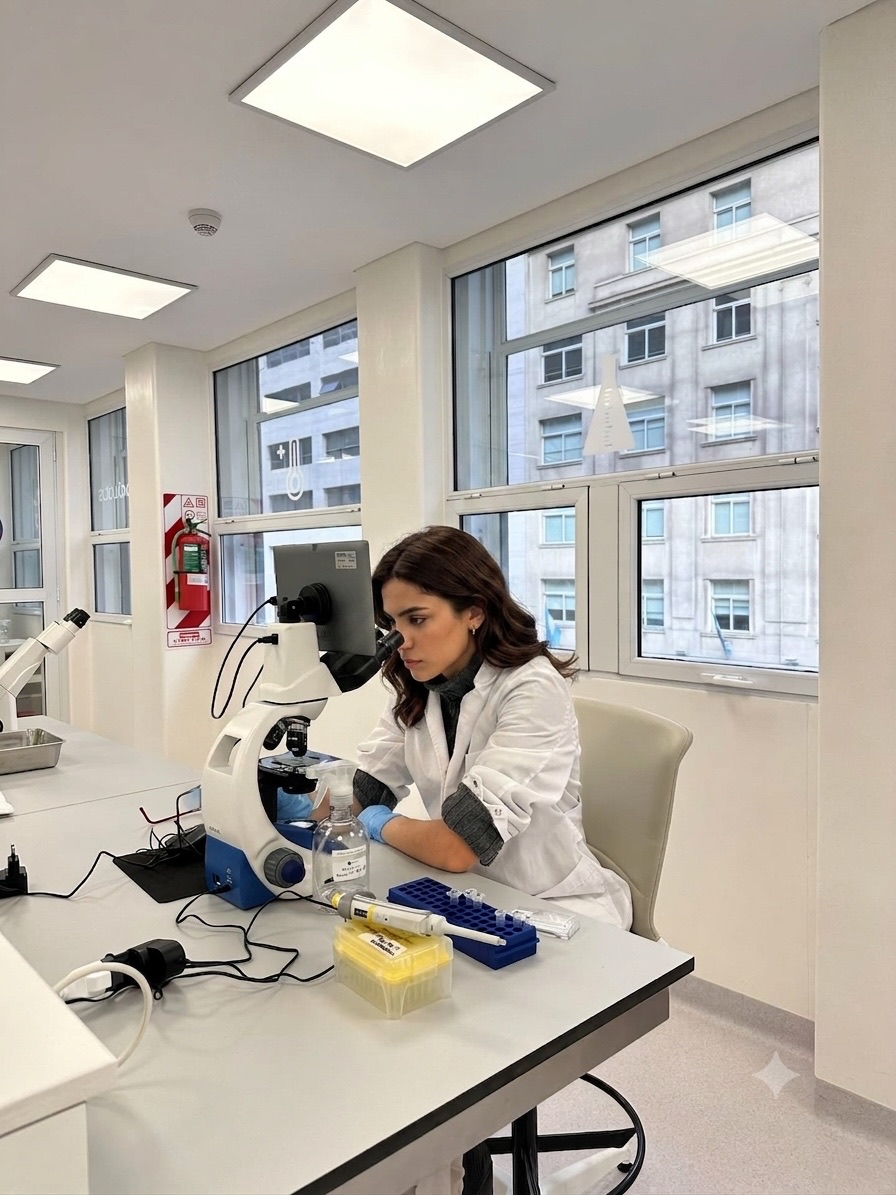Investigadora de Elytron observando muestras al microscopio