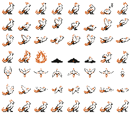 The Hawky sprite sheet: seven rows of eight frames showing perching, taking off, three flight angles, the rebirth cycle, and the walk.
