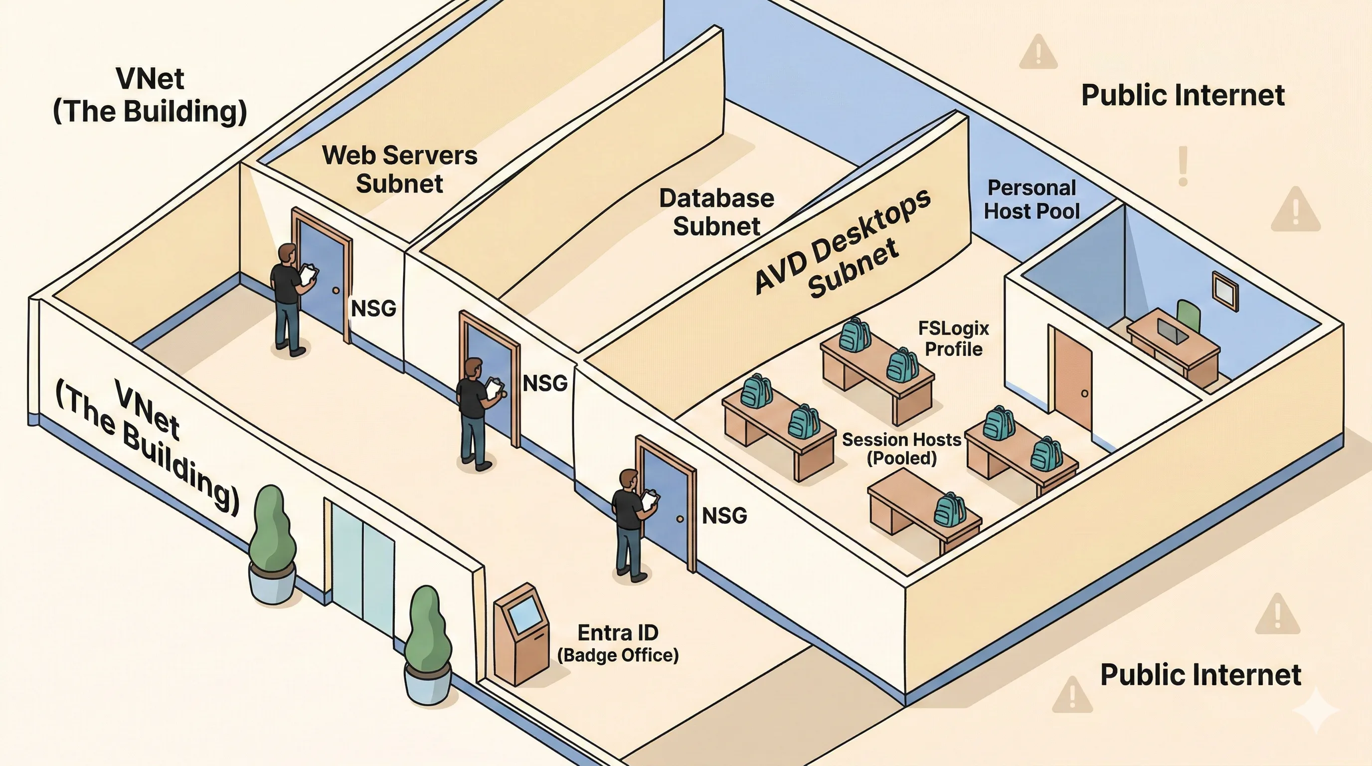 Bird's-eye floor plan of the SSW office showing the VNet building, three subnets (Web Servers, Database, AVD Desktops), NSG bouncers at each room entrance, session host desks, FSLogix profile backpacks, and the Entra ID badge office in the lobby