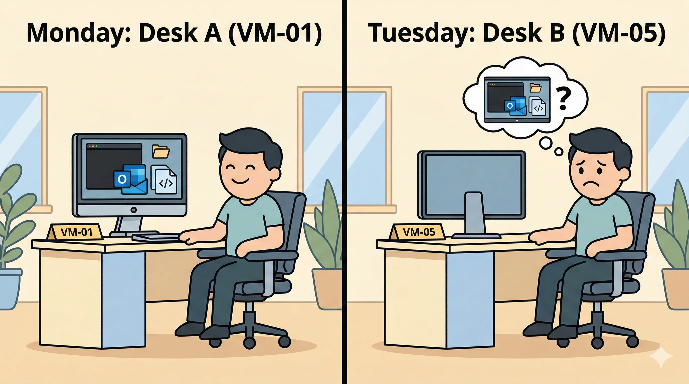 Two-panel illustration: Monday panel shows a person happily at Desk VM-01 with dark-mode wallpaper and open apps; Tuesday panel shows the same person at a completely blank Desk VM-05 with a confused expression and a thought bubble showing their lost setup