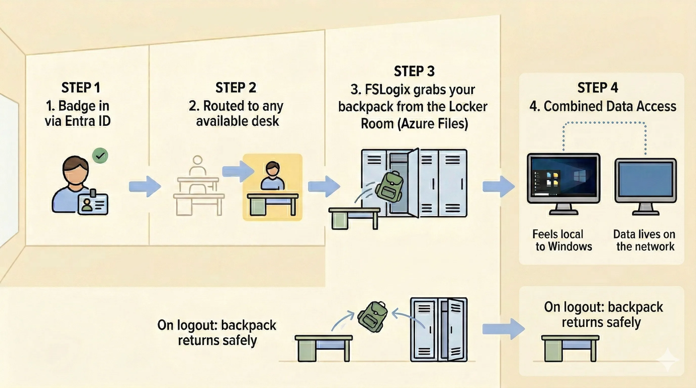 Four-step flow diagram: Step 1 - badge in via Entra ID; Step 2 - routed to any available desk; Step 3 - FSLogix grabs your backpack from the Azure Files locker room; Step 4 - desktop feels local but data lives on the network. Below the steps, a logout flow shows the backpack returning safely to the locker