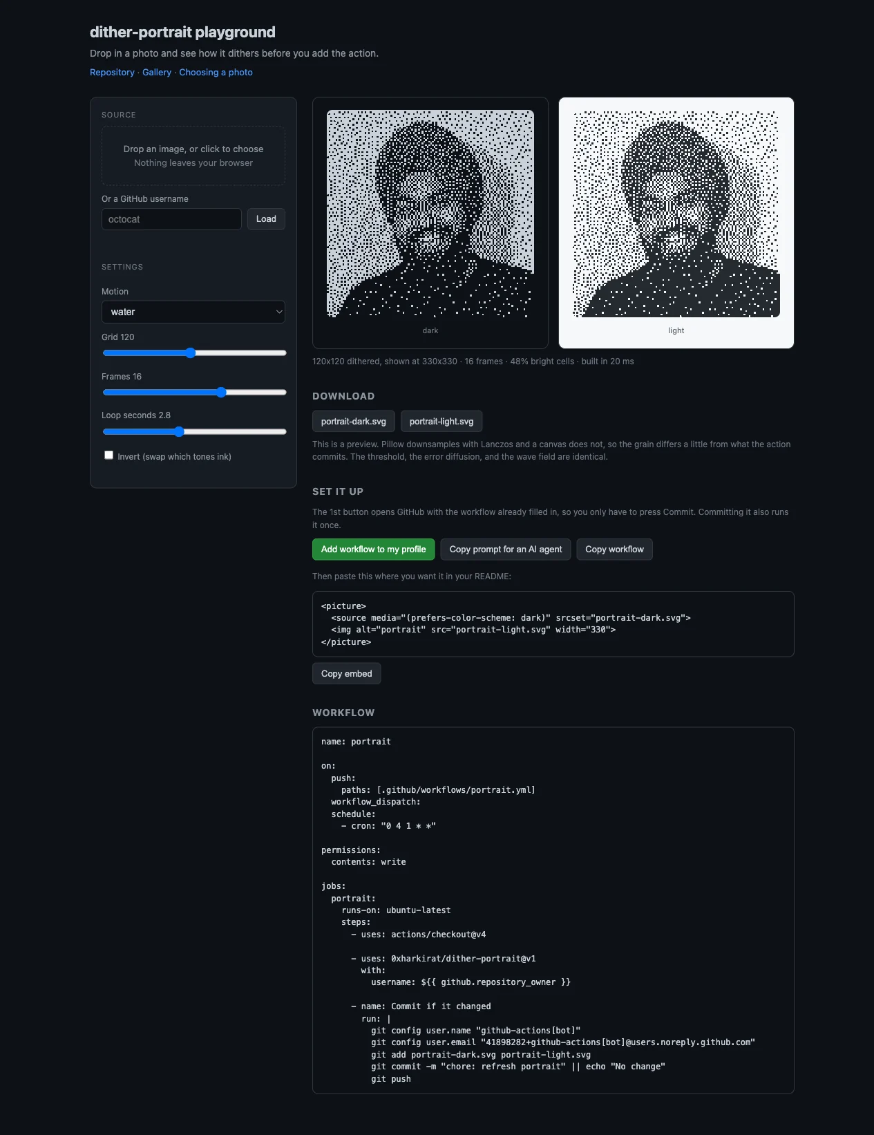 The dither-portrait playground, showing dark and light versions of a dithered portrait beside sliders for motion and grid