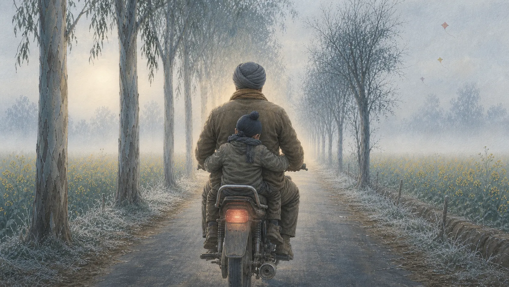 hark and papa riding on motorcycle in winter morning