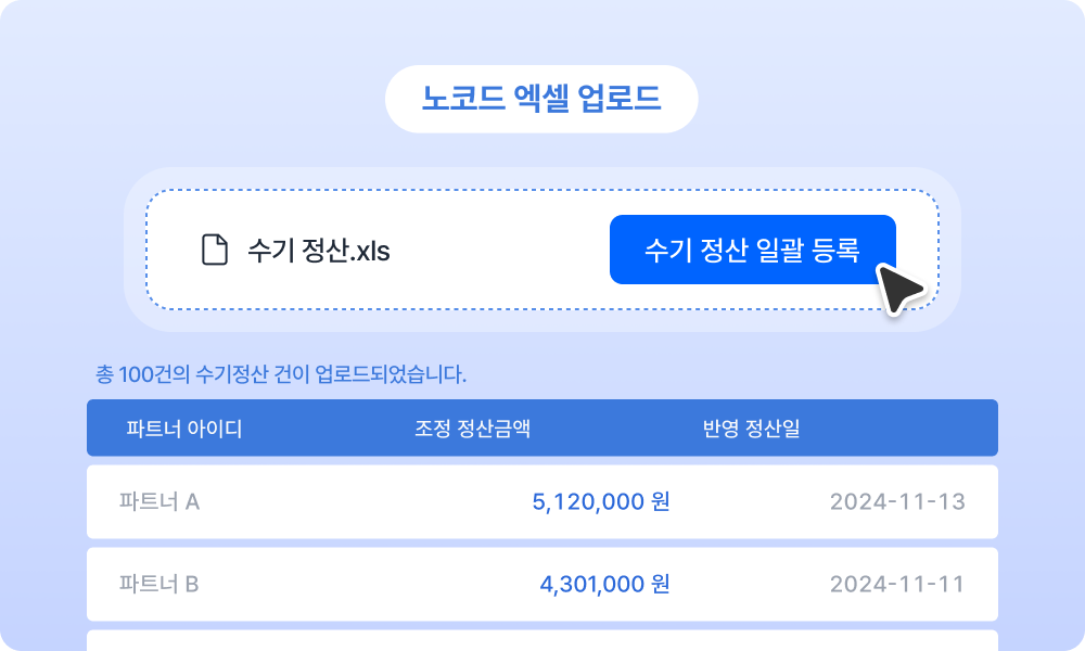 API 연동 없이도 csv 파일 업로드만으로도 정산 데이터 등록