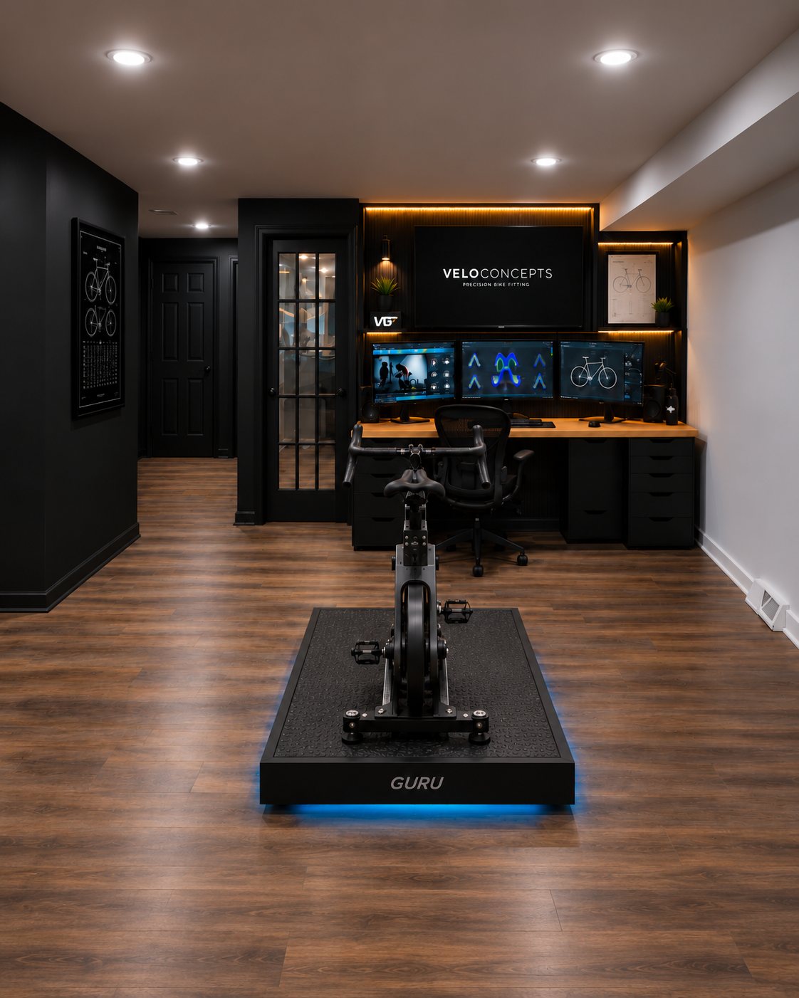 Rendering of the analysis station: the GURU fitting bike in front of a desk with three monitors showing motion capture, pressure mapping and bike geometry