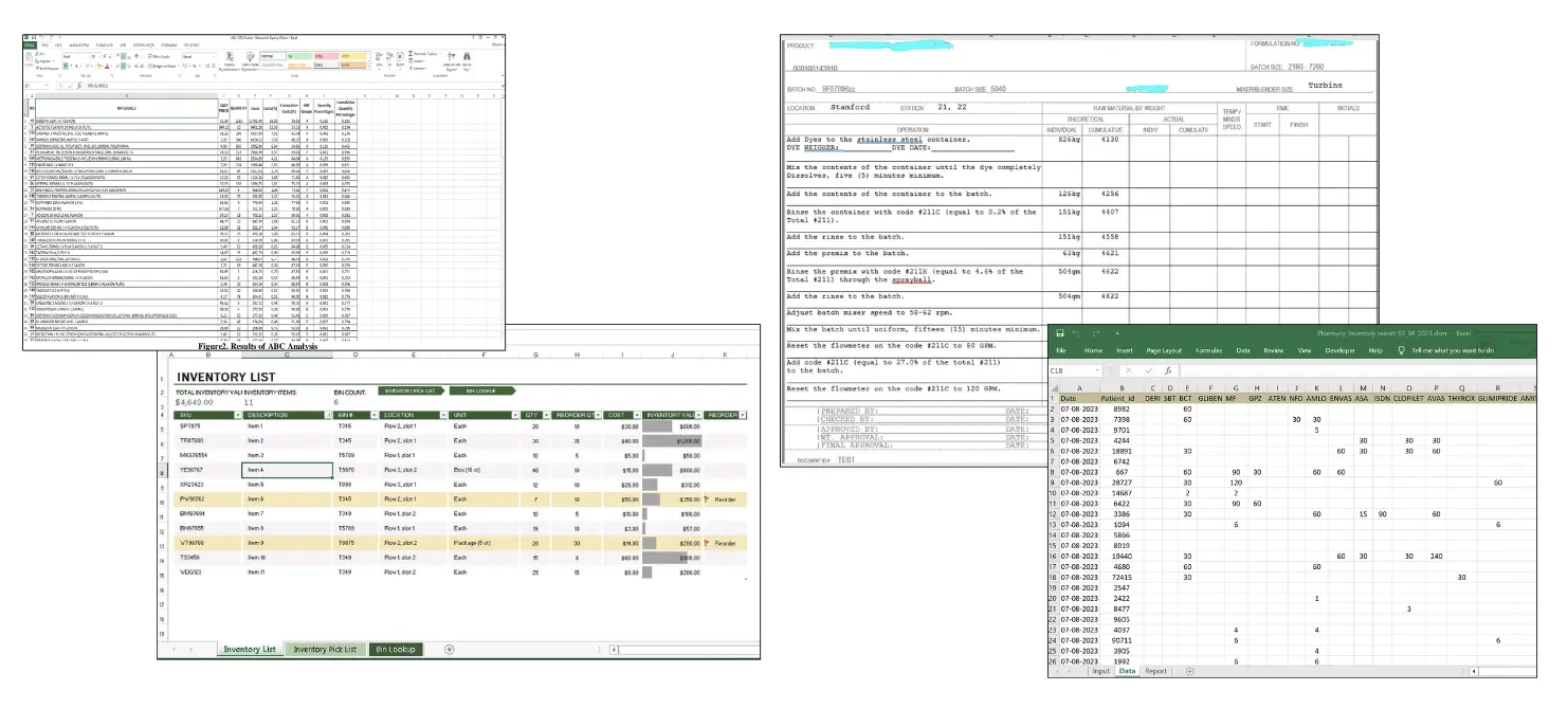 An image showing the challenges and inefficiencies of using manually filled spreadsheets for managing quality control. It depicts several spreadsheets with overwhelming amounts of data and lots of entries with errors, emphasising how such spreadsheets can lead to inaccuracies, inefficiency, and poor performance. The visual suggests that relying on difficulty to manage, error-prone spreadsheets are very inefficient. 