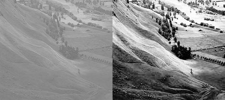 Two versions of the same grayscale landscape image side by side. The first one has poor contrast and the second one has good contrast. It's way easier to visualize all the landscape details in the second one.