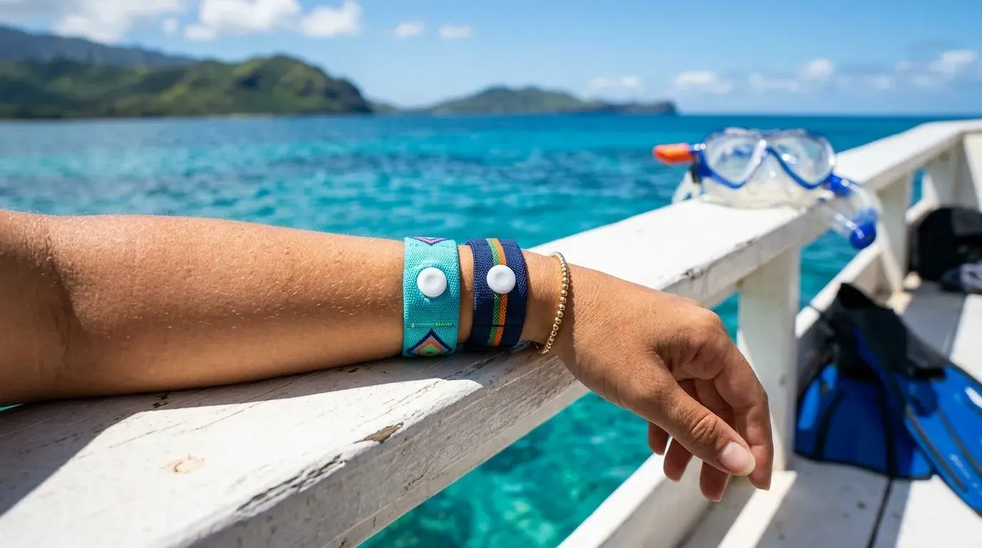 Bracelets d'acupression au poignet, sur le pont d'un bateau