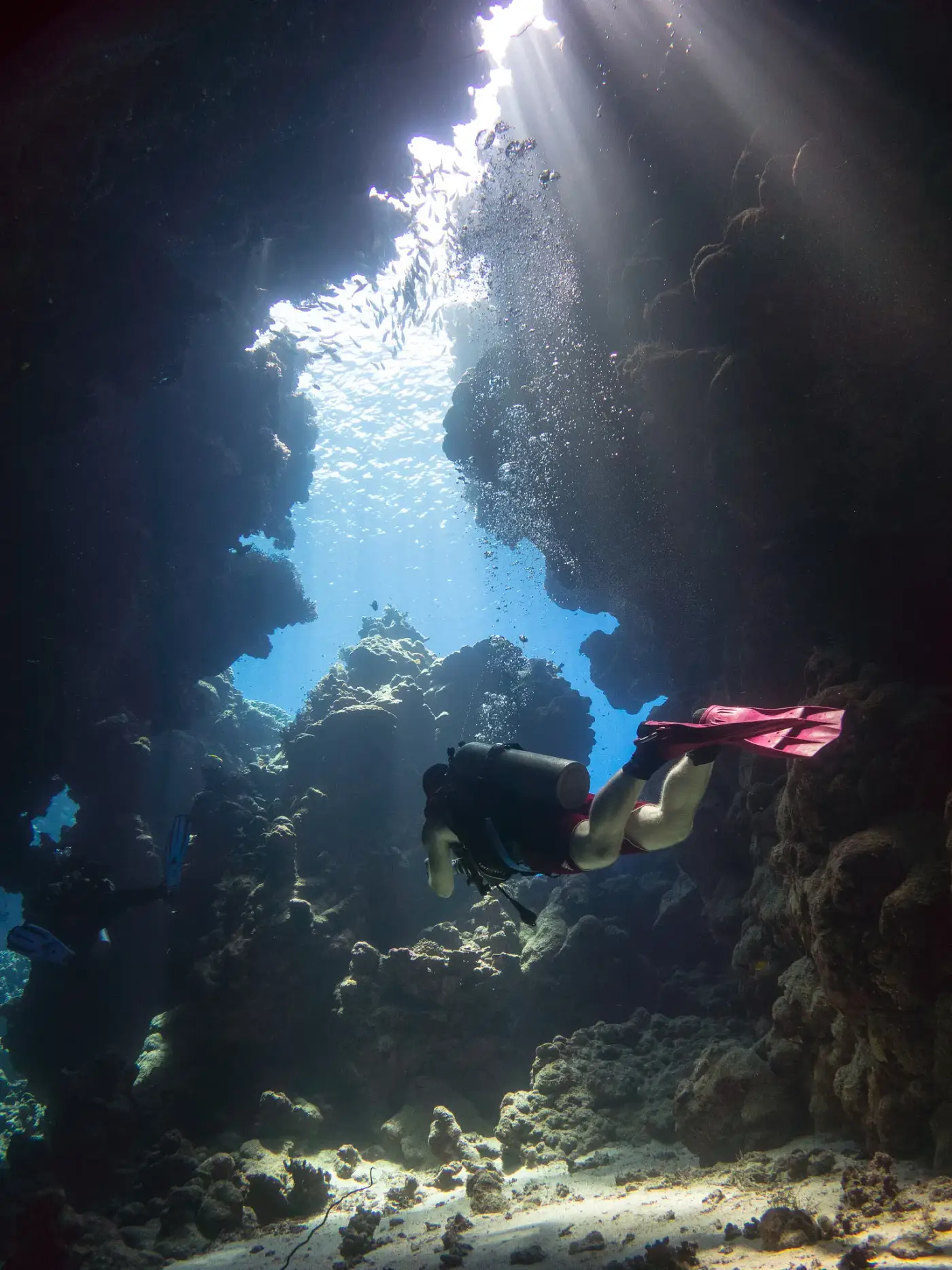 Plongeur dans les grottes de St Johns, mer Rouge
