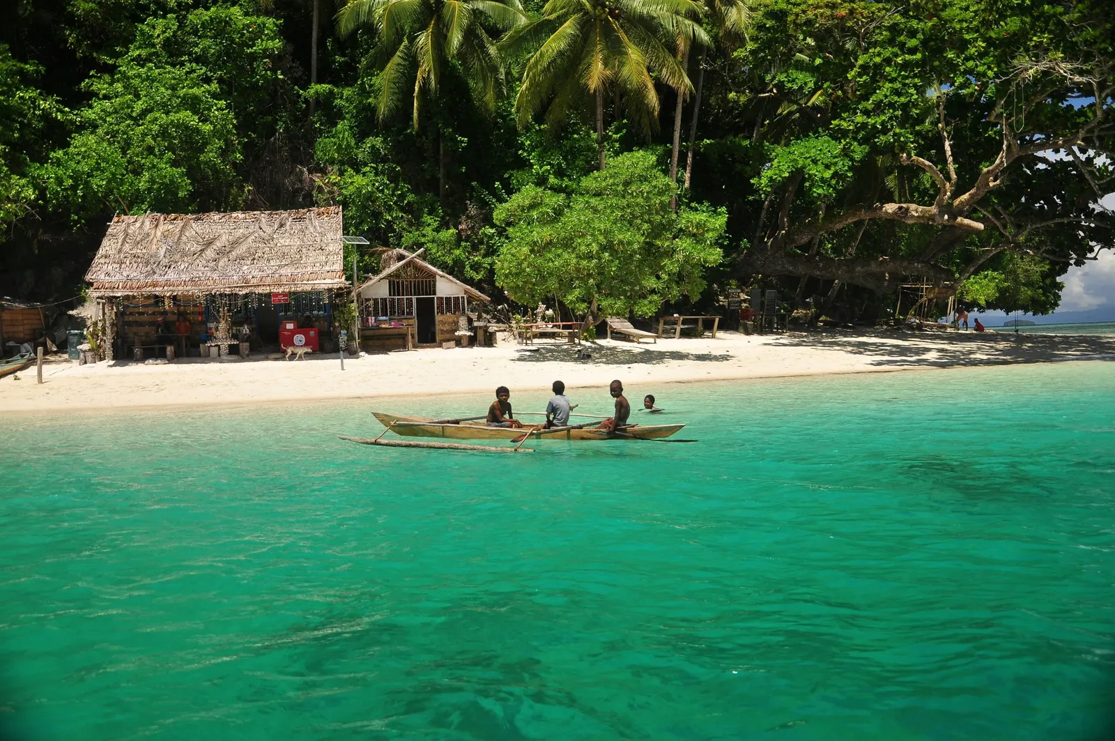 Plage de sable avec une cabane en bois et une pirogue, au bord d'une eau verte
