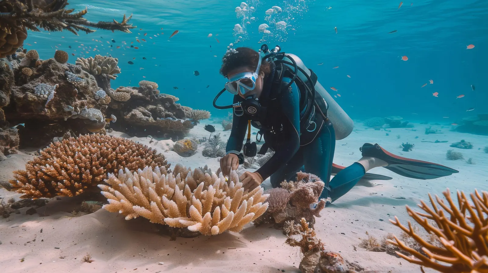 Plongeur près des coraux sur un fond de sable, Maldives