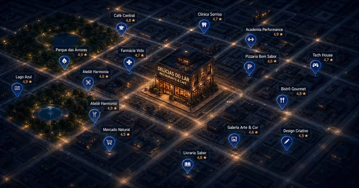 Vista aérea isométrica de um mapa urbano noturno com marcadores digitais de localização e notas de avaliação sobre estabelecimentos comerciais.