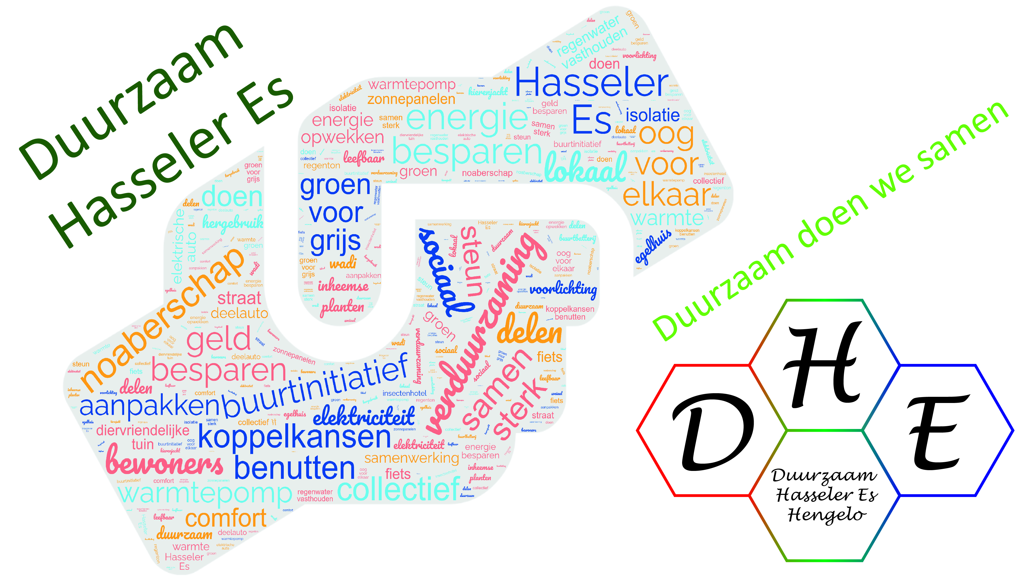 Logo met tekst en een 'hand-in-hand' figuur met een woordenKunstwerk bij de Hasselerbaan