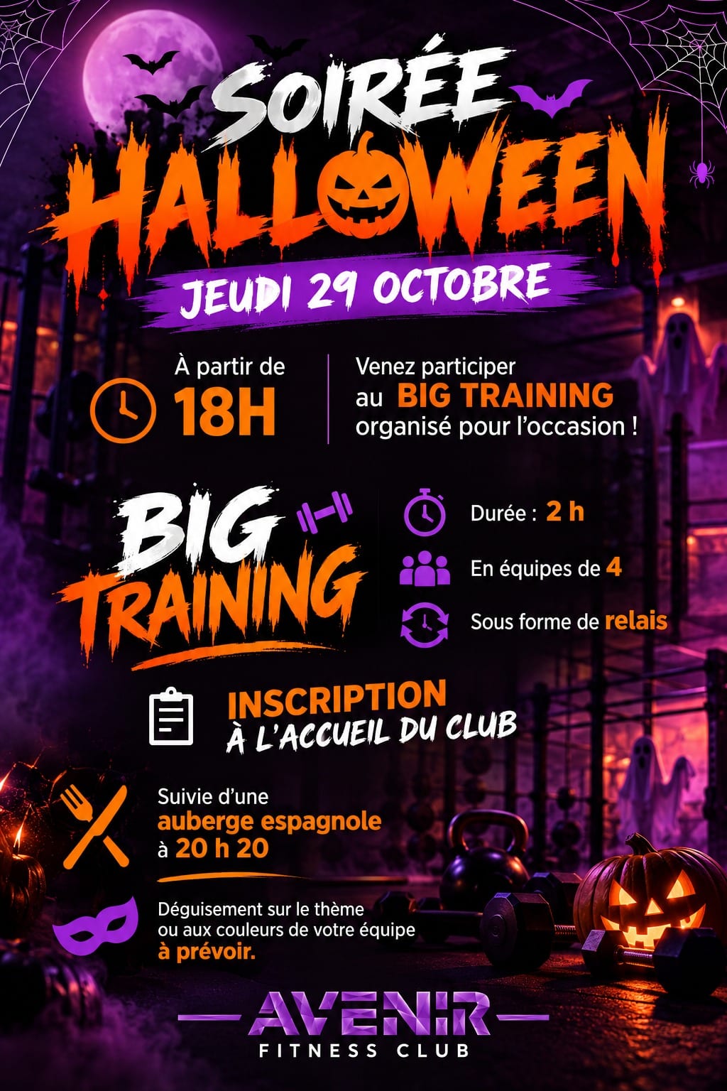Affiche de la soirée Halloween d'Avenir Fitness Langon : Big Training jeudi 29 octobre à 18h, auberge espagnole à 20h20