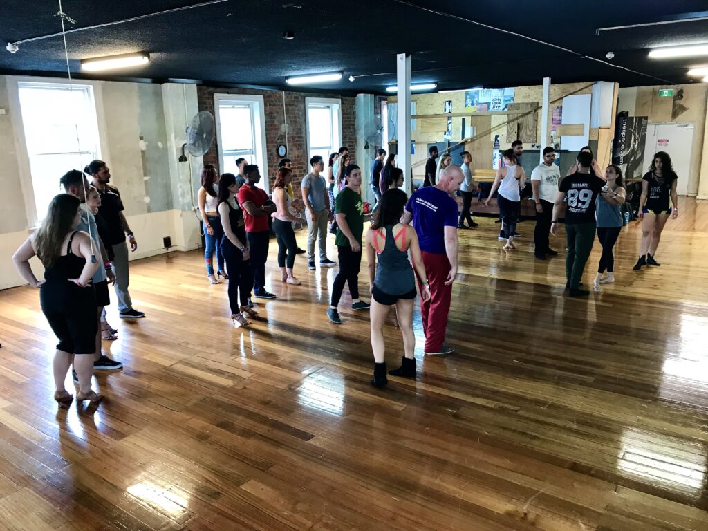Dancers gathered in a The Space workshop studio during BraZouky