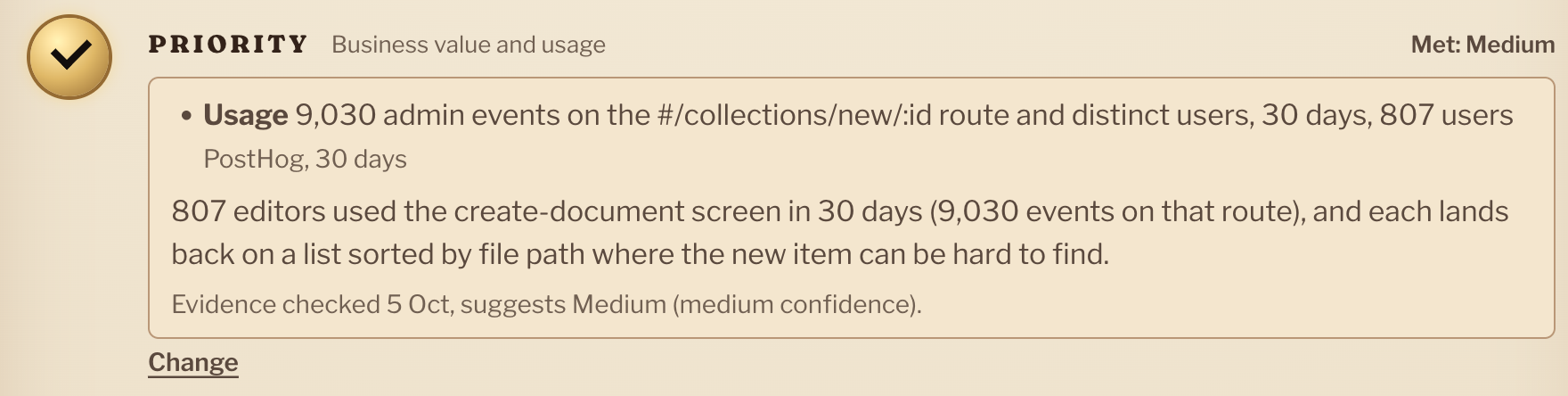 A PBI's Priority row showing 9,030 PostHog events from 807 users in 30 days, a one-line summary, and a suggested Medium priority at medium confidence