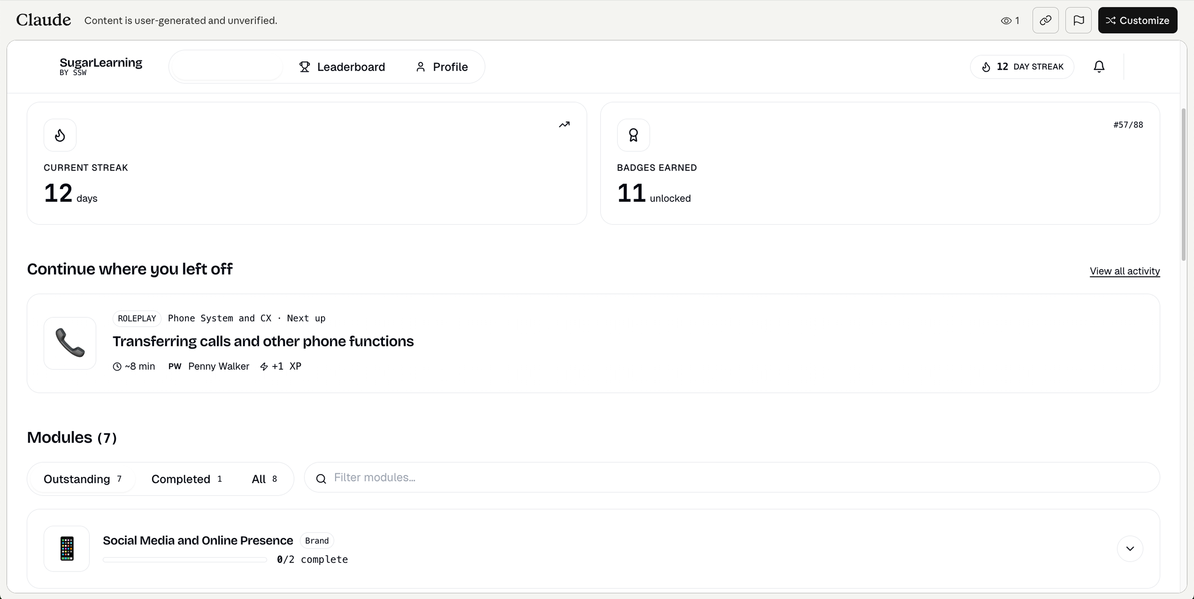 A generic-looking SugarLearning page generated by Claude without a design system - default styling, no brand colors or custom components