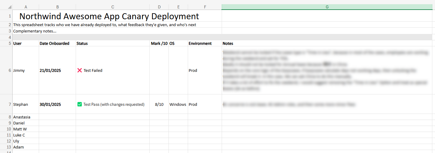 Canary deployment tracking spreadsheet