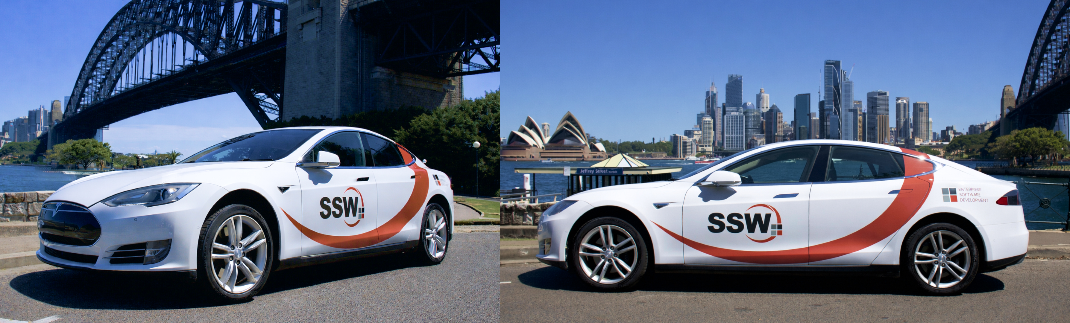 Tesla Model S featuring SSW branding, with the Sydney Harbour Bridge in the background
