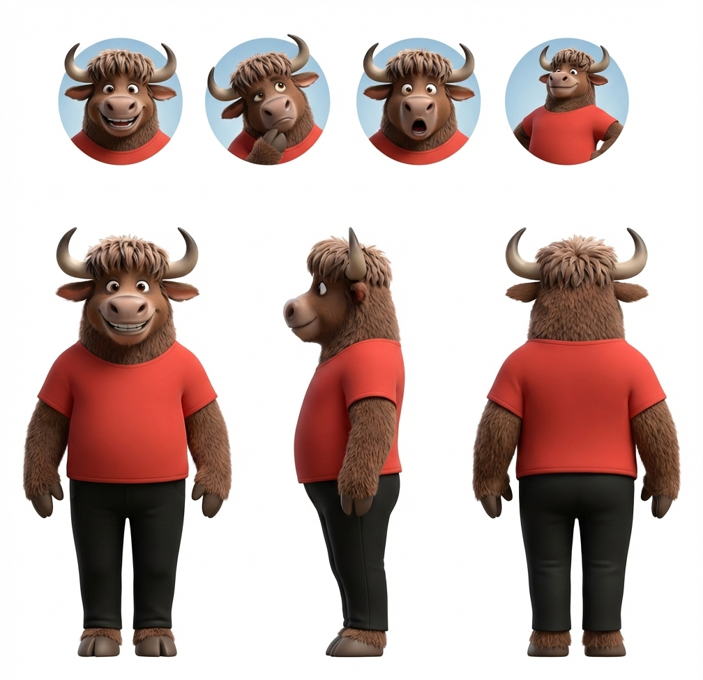 Character sheet of a stylized 3D cartoon yak with brown fur and curved horns, wearing a red T-shirt and black pants. The image shows multiple views: expressive facial close-ups with different emotions at the top, and full-body front, side, and back views labeled.