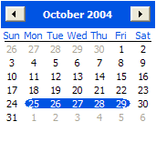Bad calendar control example showing Sunday first, no highlight on today's date, and non-bold event days