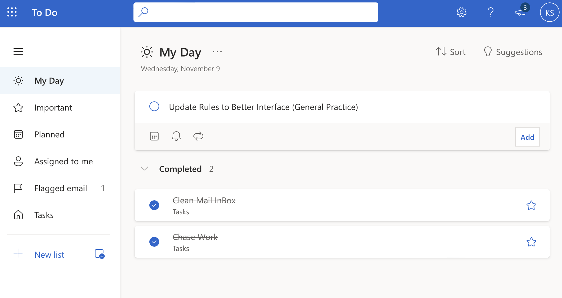 Screenshot of Microsoft Outlook To Do showing completed tasks with strike-through formatting