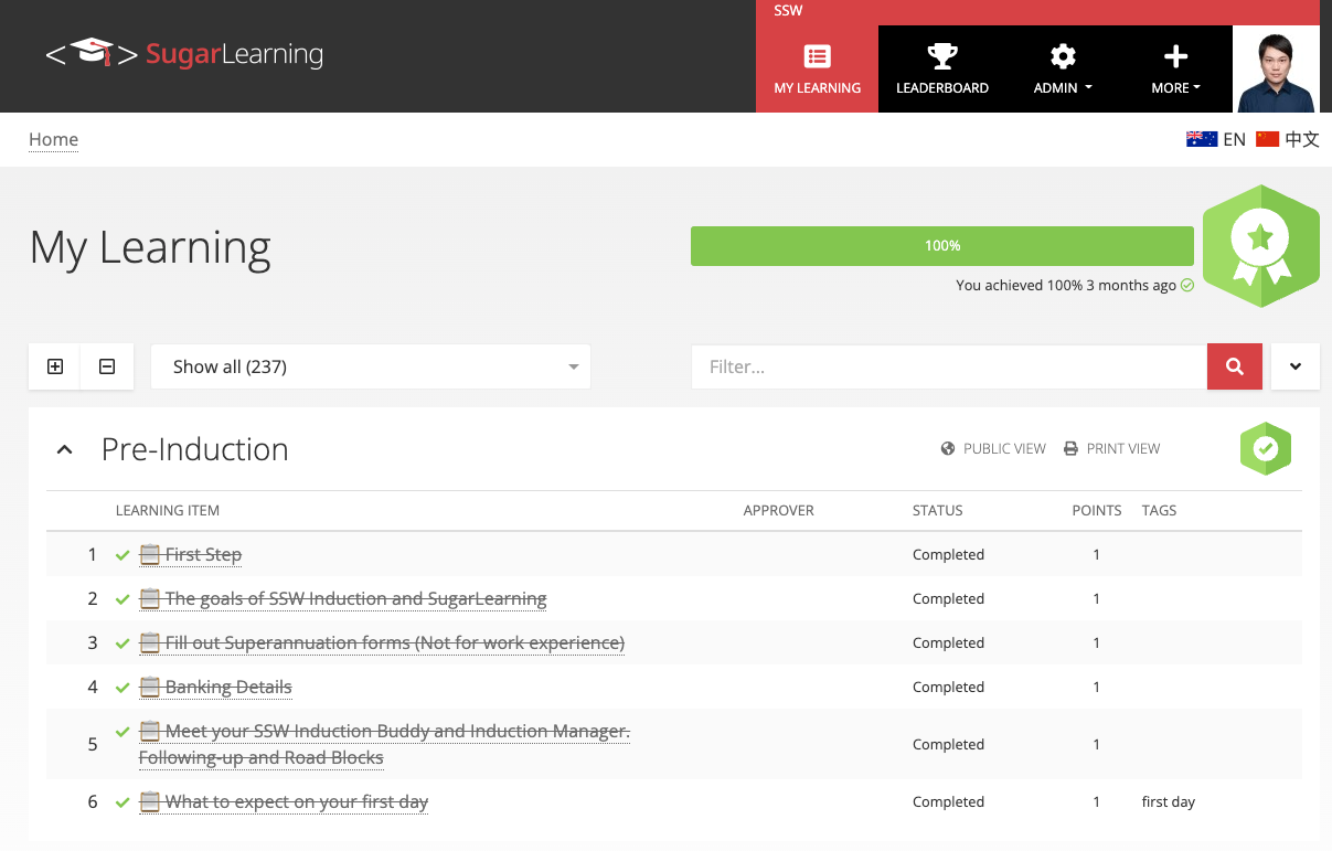 Screenshot of a SugarLearning task list with completed items shown with strike-through formatting