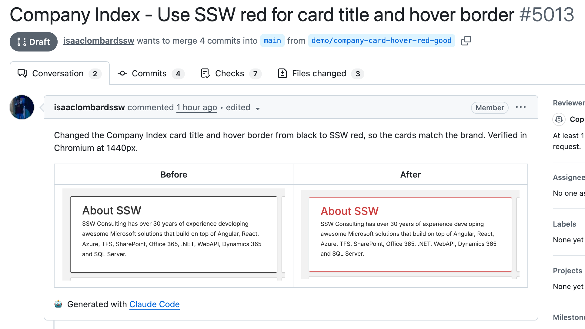 The same GitHub pull request, with a before and after screenshot table showing the card title and hover border changing from black to red