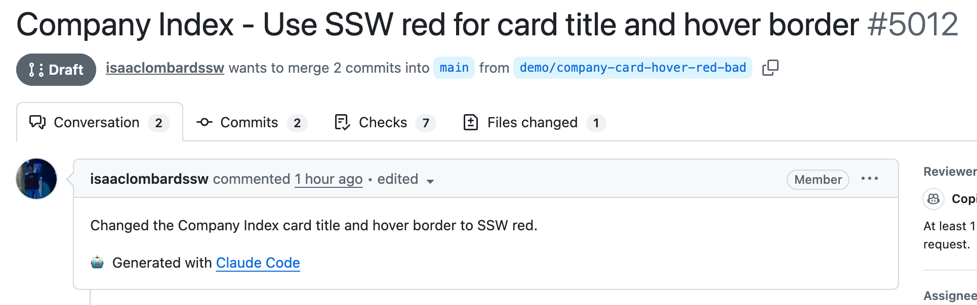 A GitHub pull request whose description is a single sentence with no screenshots