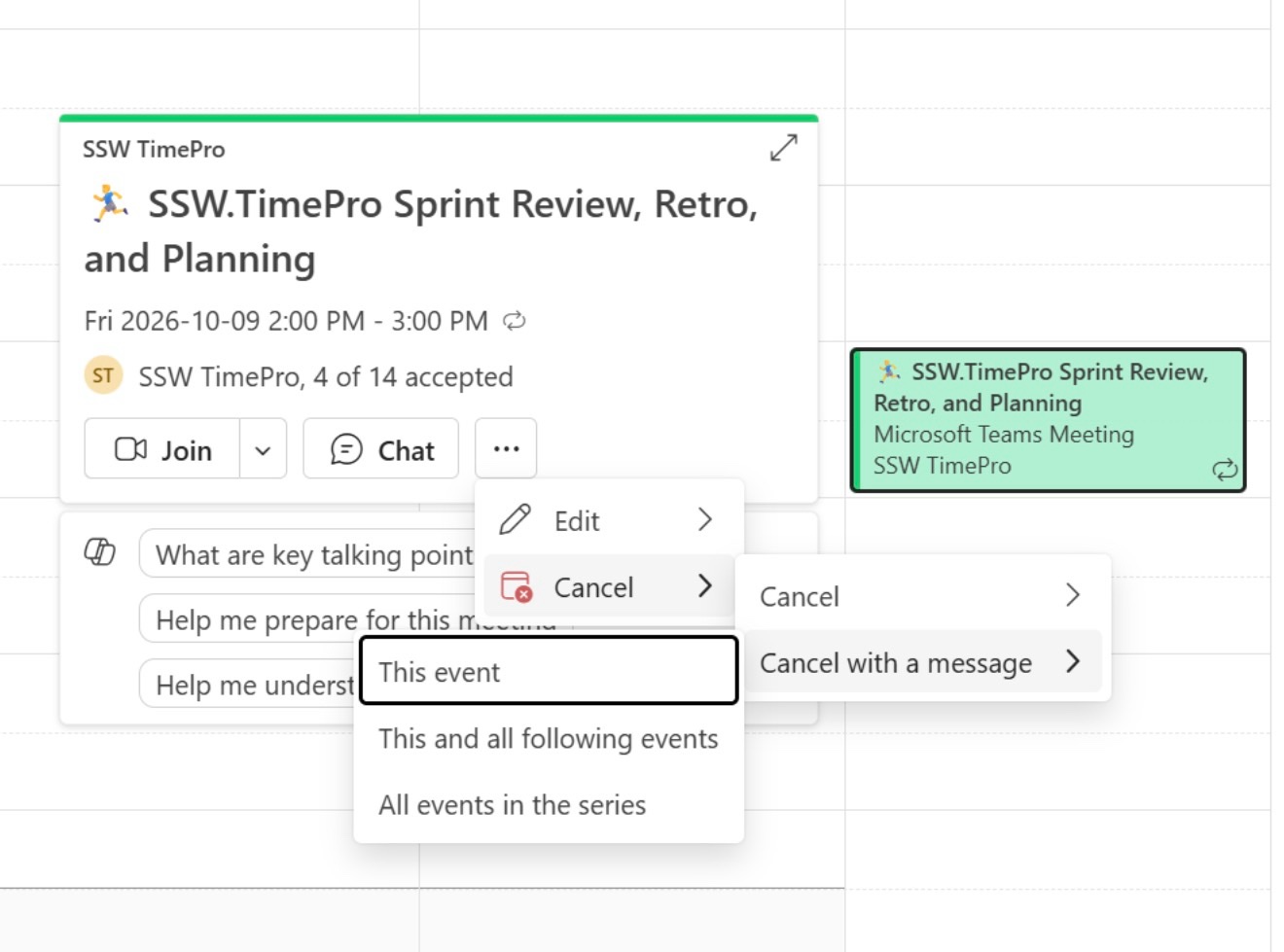 Outlook's Cancel with a message option for a recurring appointment