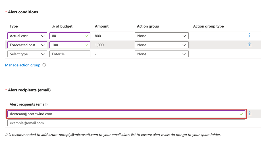 Azure portal, Create budget, Set alerts: the only alert recipient is devteam@northwind.com