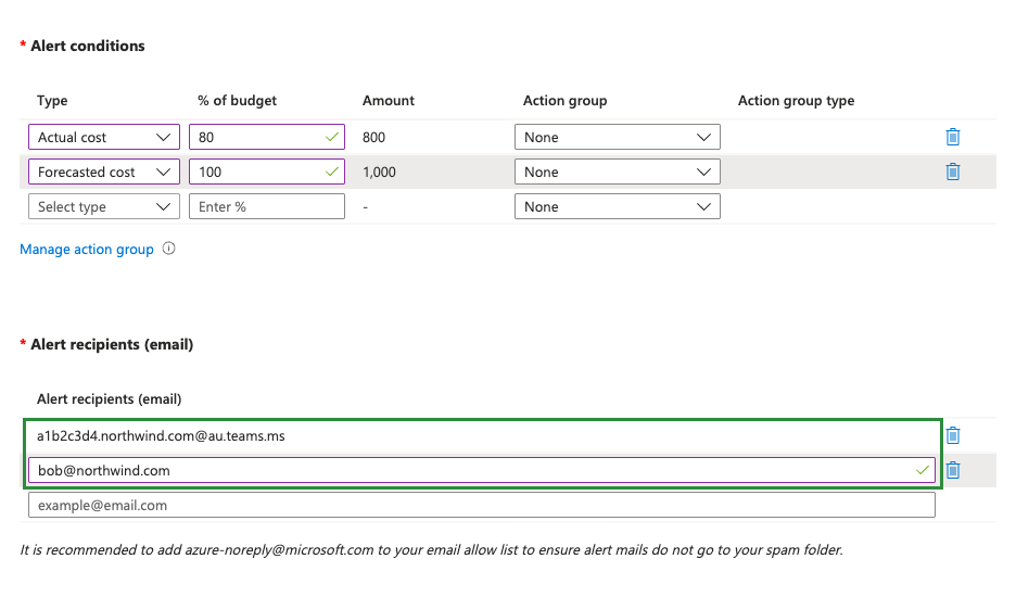 Azure portal, Create budget, Set alerts: the alert recipients are a Teams channel address and bob@northwind.com