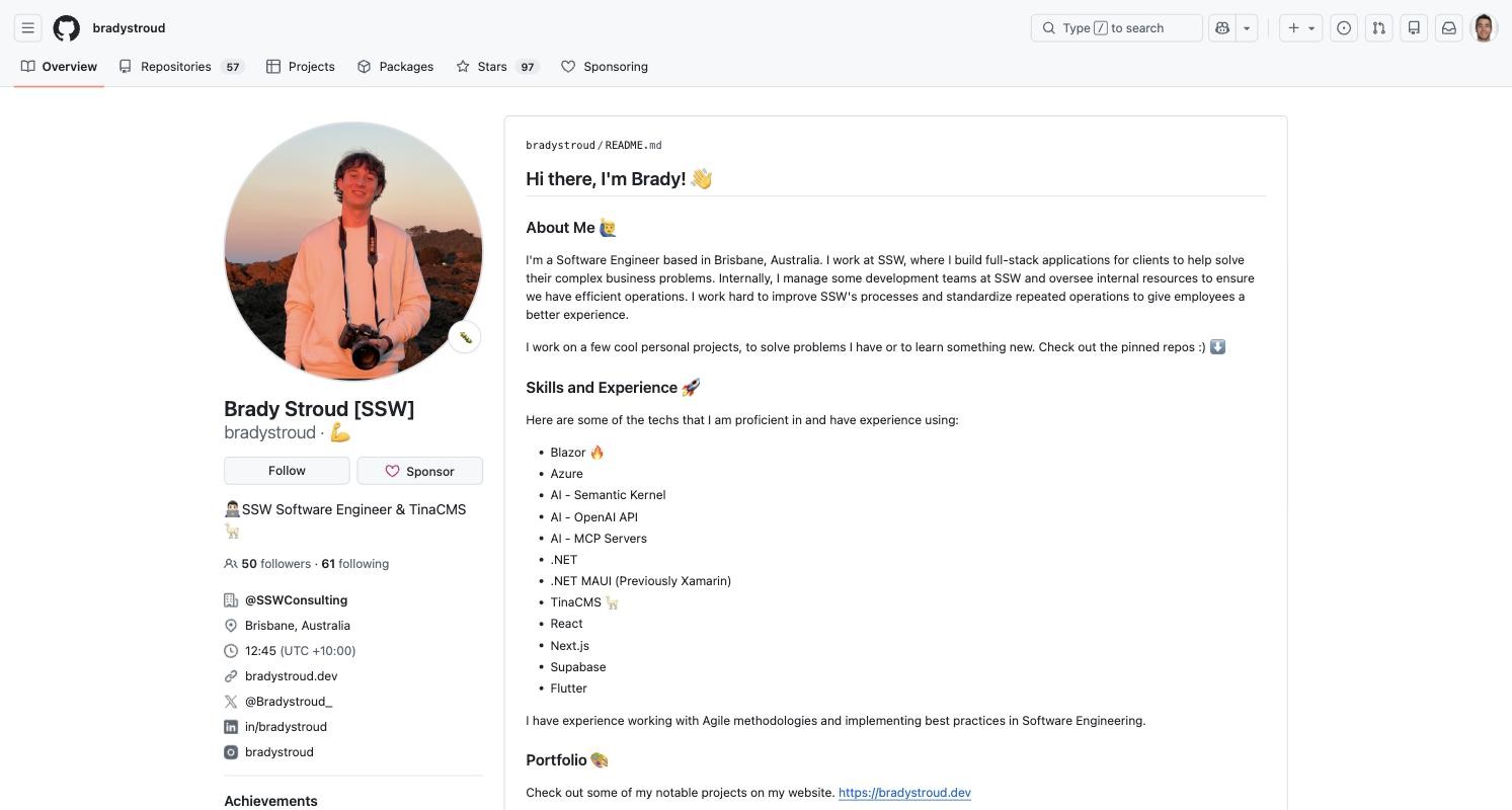A GitHub profile with a well-structured profile README