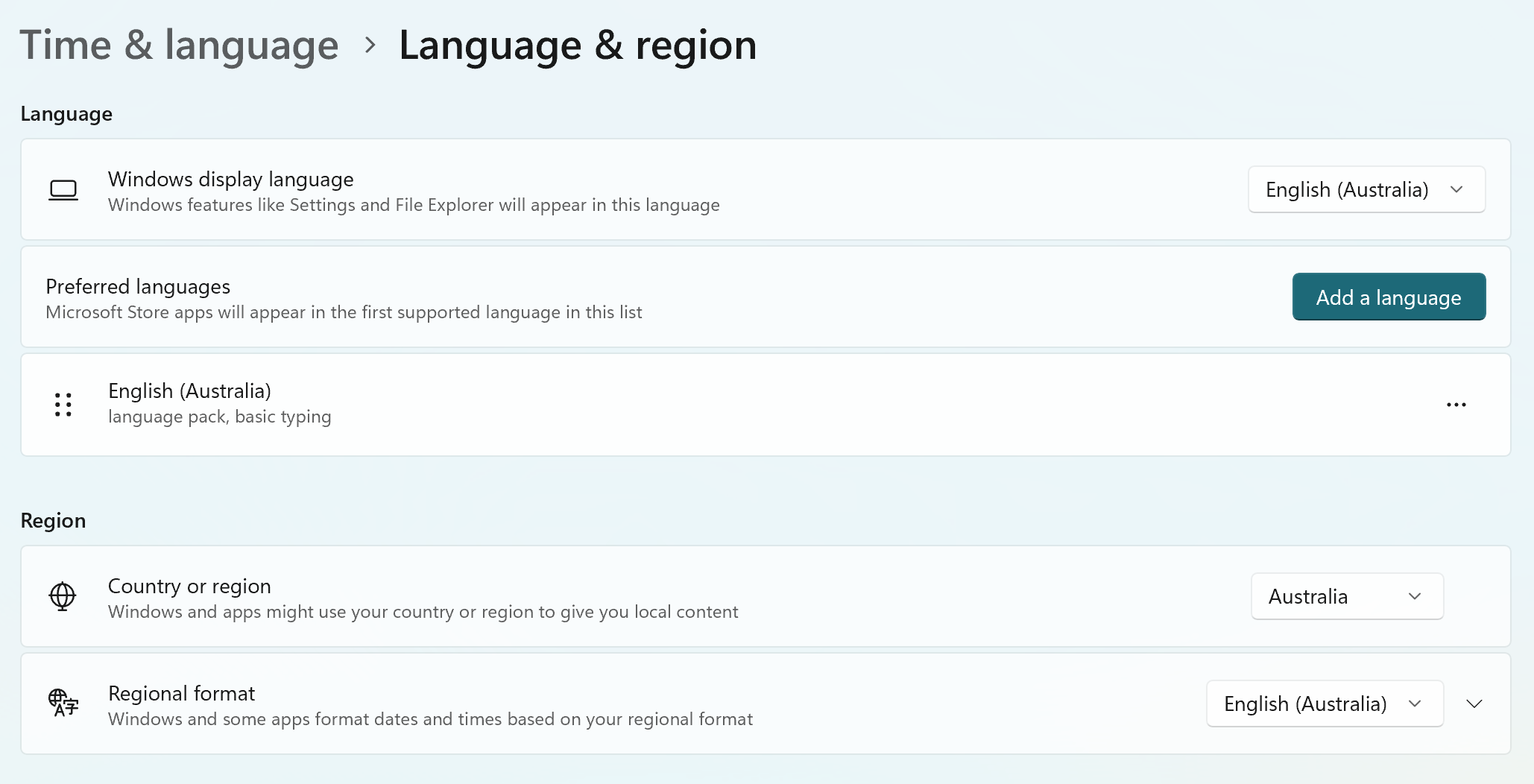 Windows Region settings dialog showing regional format options for date and time