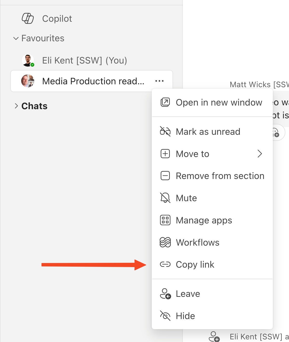 The Copy link option in the Meatball menu of a group chat in Teams