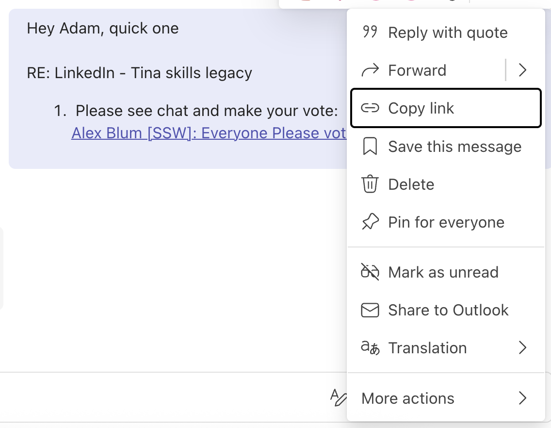Demonstration of creating a direct link to a message in Teams