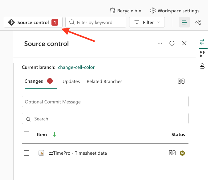 Development workspace with Source control highlighted