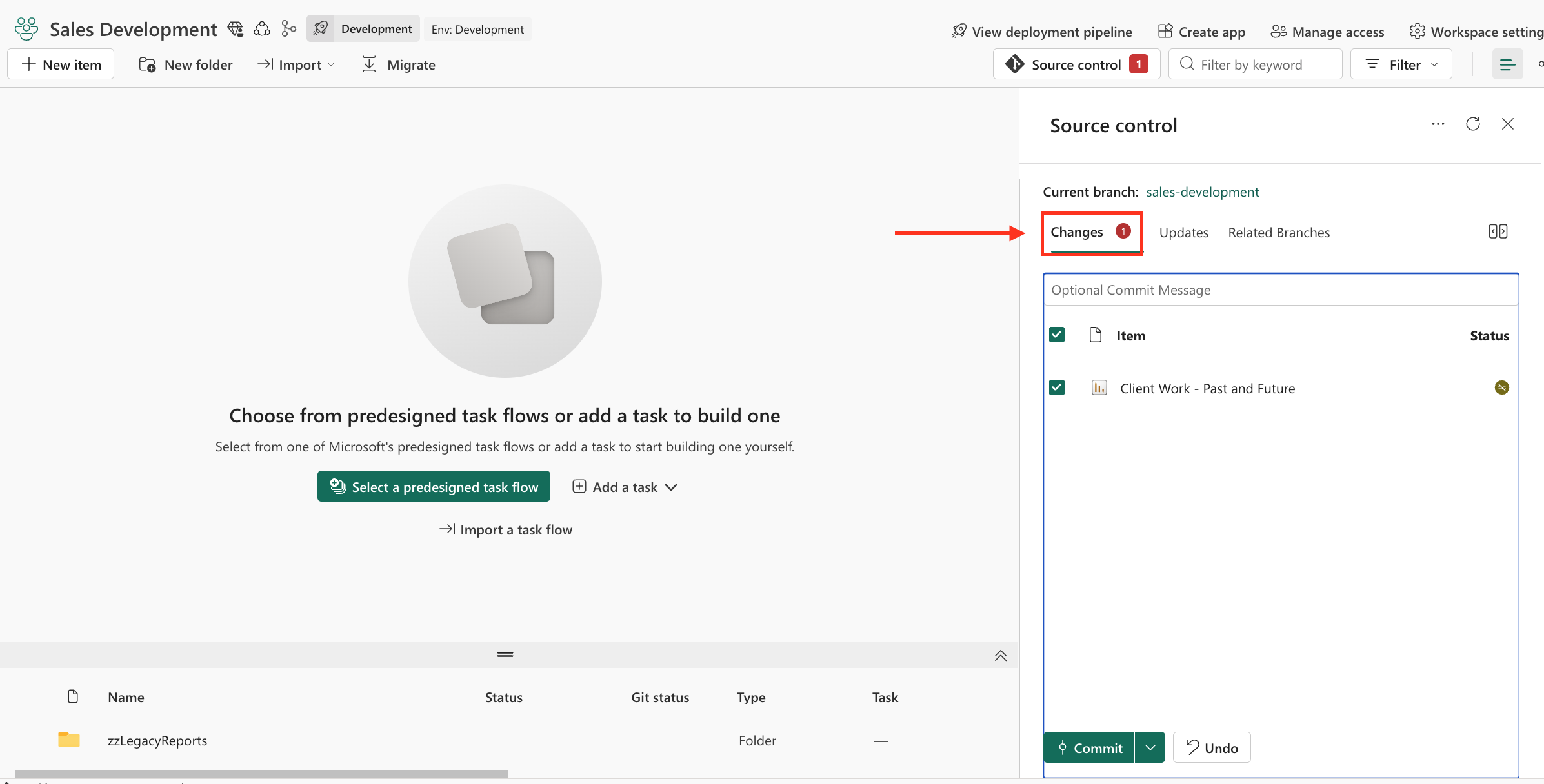 Changes – workspace edits that have not been committed to Git