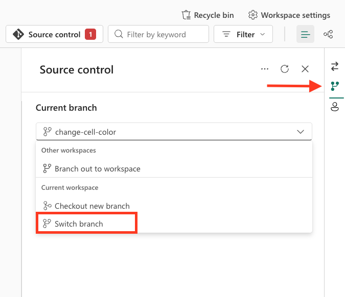Source control pane with Switch branch highlighted