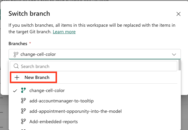 Switch branch dialog with New Branch highlighted