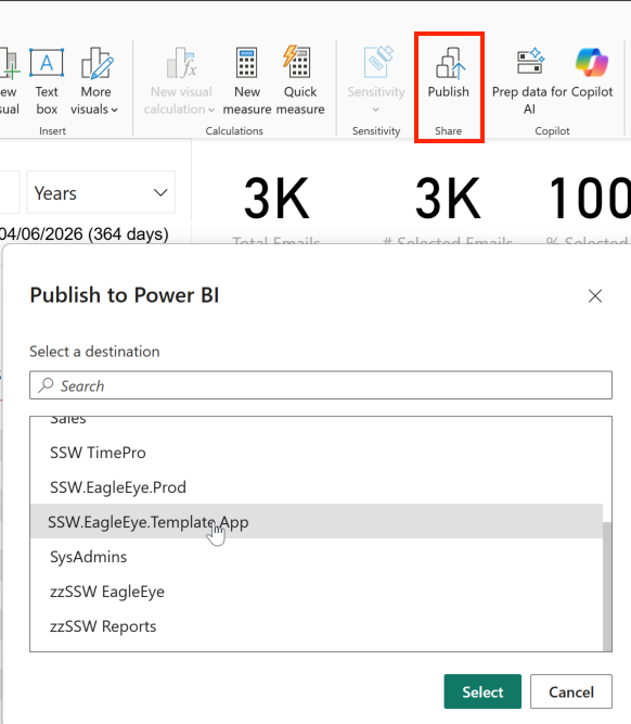 Publish report to workspace dialog