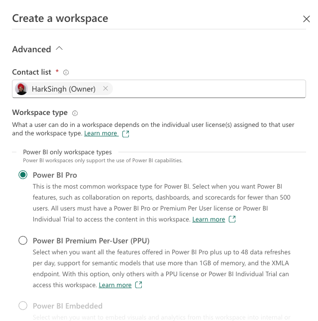 Workspace type selection