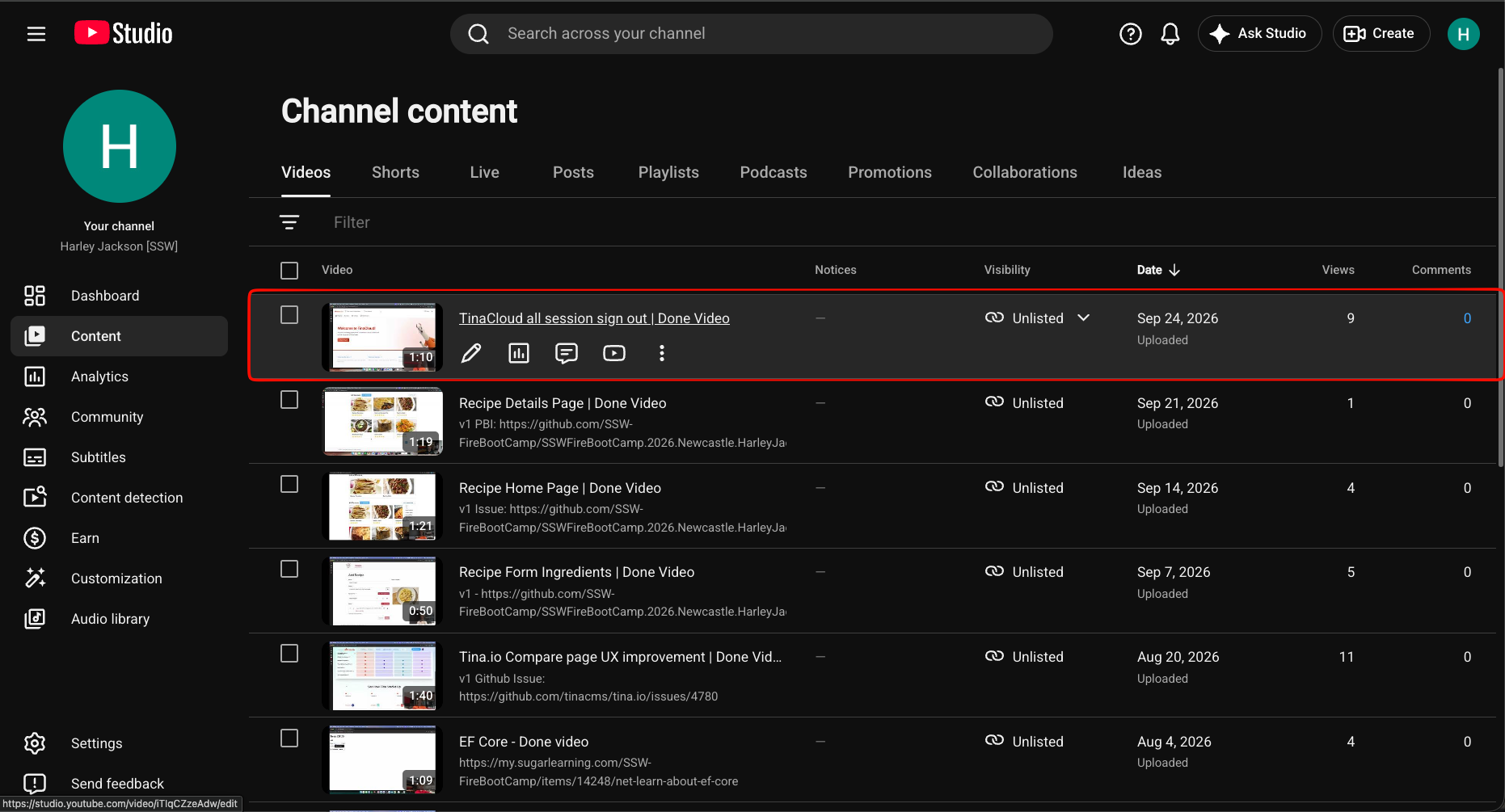 Youtube studio showing content chooser