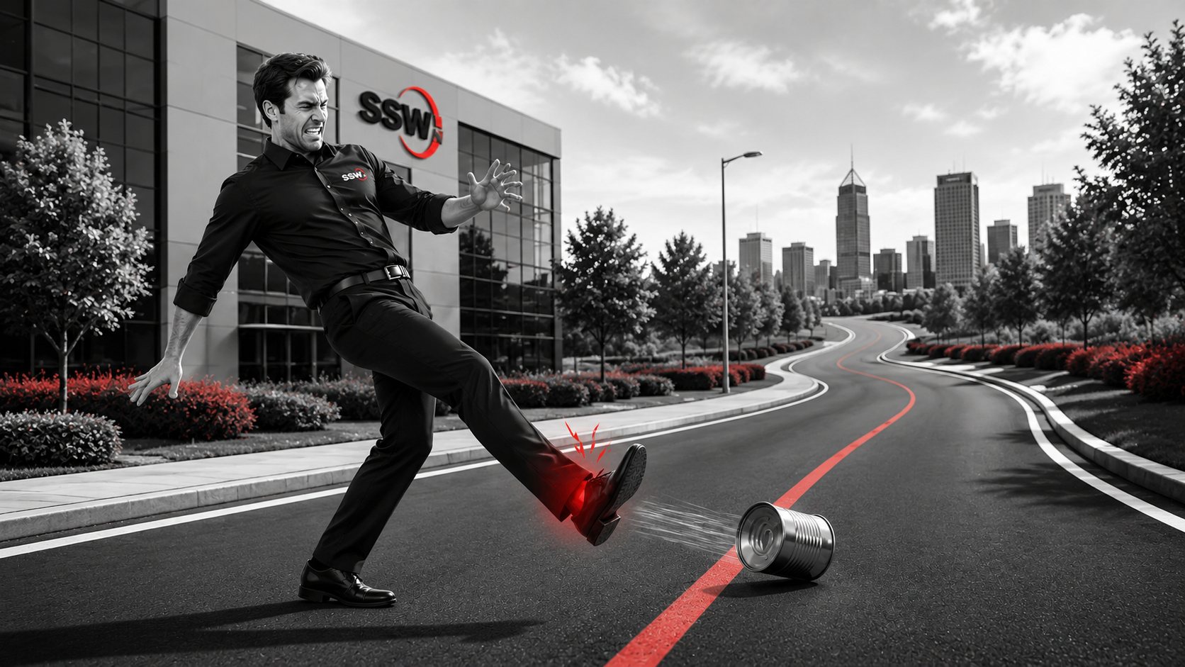 A frustrated man in an SSW shirt kicking a tin can further down an empty road