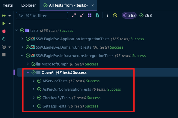Test explorer showing a passing OpenAI test folder inside the EagleEye integration test project
