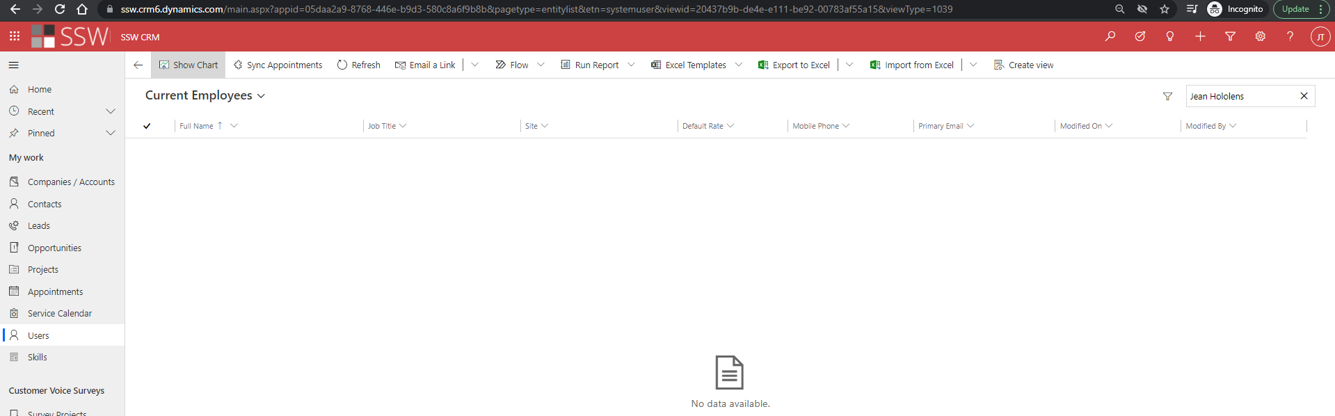 Figure: Searching User + Skill doesn’t yield any result although this skill is associated to the user