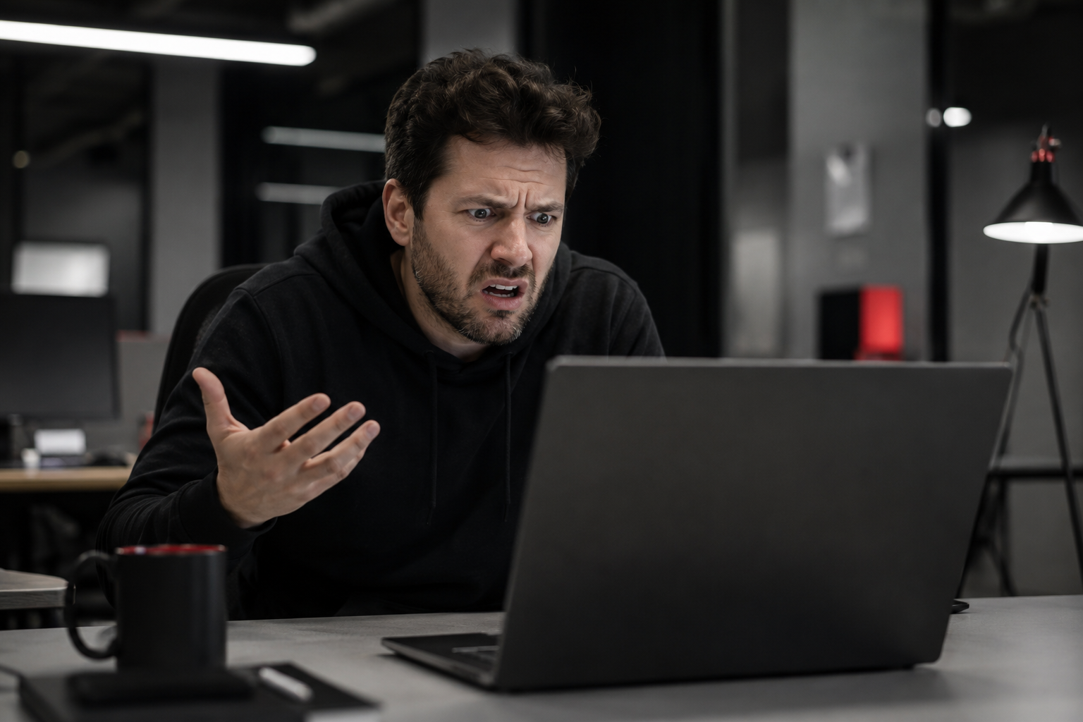 A frustrated developer reacting to a cryptic email on his laptop