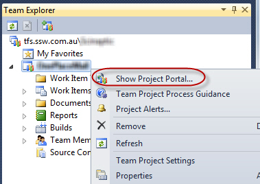 Figure 5 - Right click on your Project and click Show Project Portal to launch the SharePoint Portal