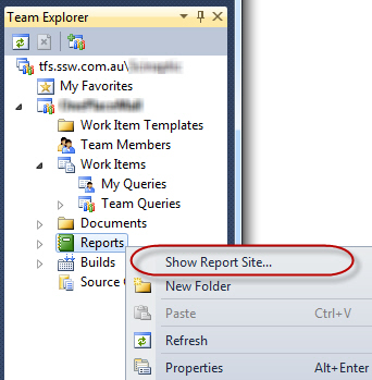 Figure 6 - In your project, right click on Reports and select Show Report Site to view that projects reports