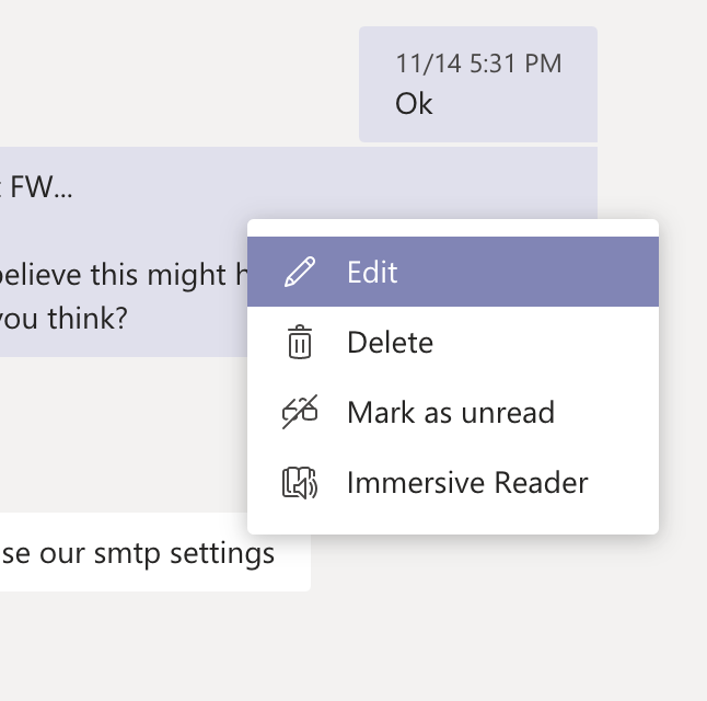 Microsoft Teams message context menu showing the Edit, Delete, Mark as unread, and Immersive Reader options